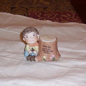 ENESCO DEAR GOD KID 1982 FIGURINE BOY CAMPER "GOD WOULD YOU LIGHT FIRE PLEASE?